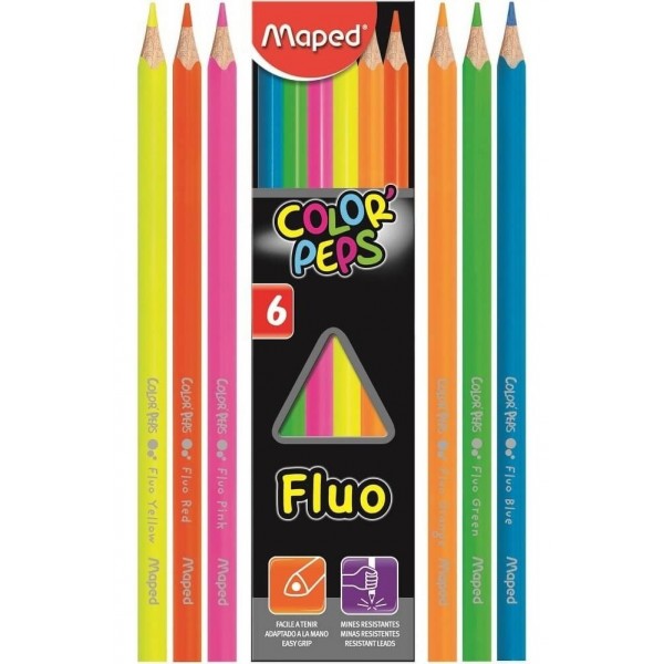 Color Pencil Maped COLOR'PEPS Fluo, ergonomic shape, 6 colors
