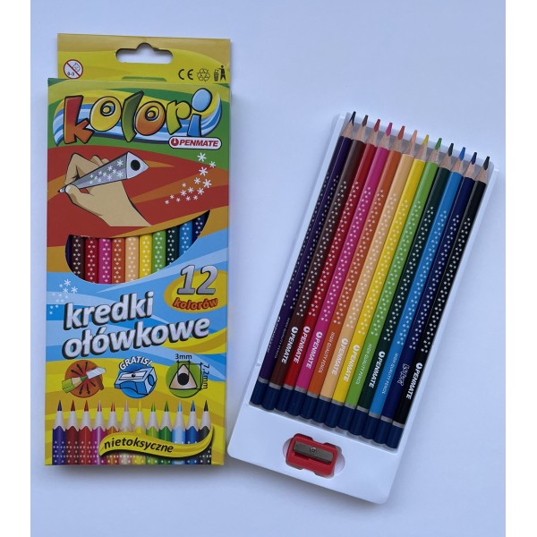 Цветные карандаши Penmate KOLORI, трехгранные, 12 цветов + точилка