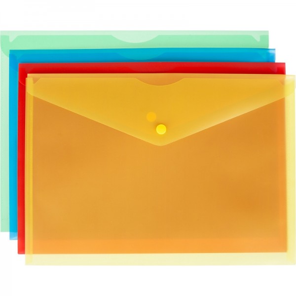 Папка-конверт с кнопкой А4, прозрачная, глянец, в ассортименте