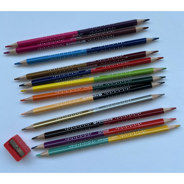 Цветные карандаши Penmate KOLORI DUO, трехгранные, двухсторонние 12=24, 24 цветов 12 шт. + точилка