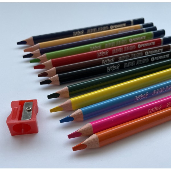 Цветные карандаши Penmate KOLORI SUPER JUMBO, трехгранные, 12 цветов + точилка