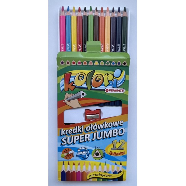 Цветные карандаши Penmate KOLORI SUPER JUMBO, трехгранные, 12 цветов + точилка